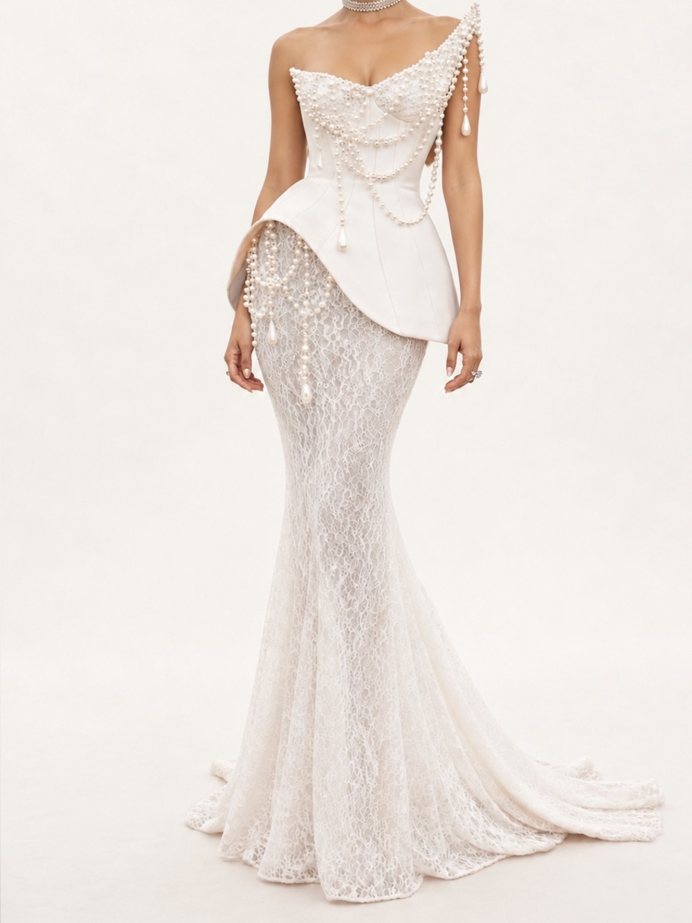 2 piece Bridal Lace Evening Dress with Draped Pearls